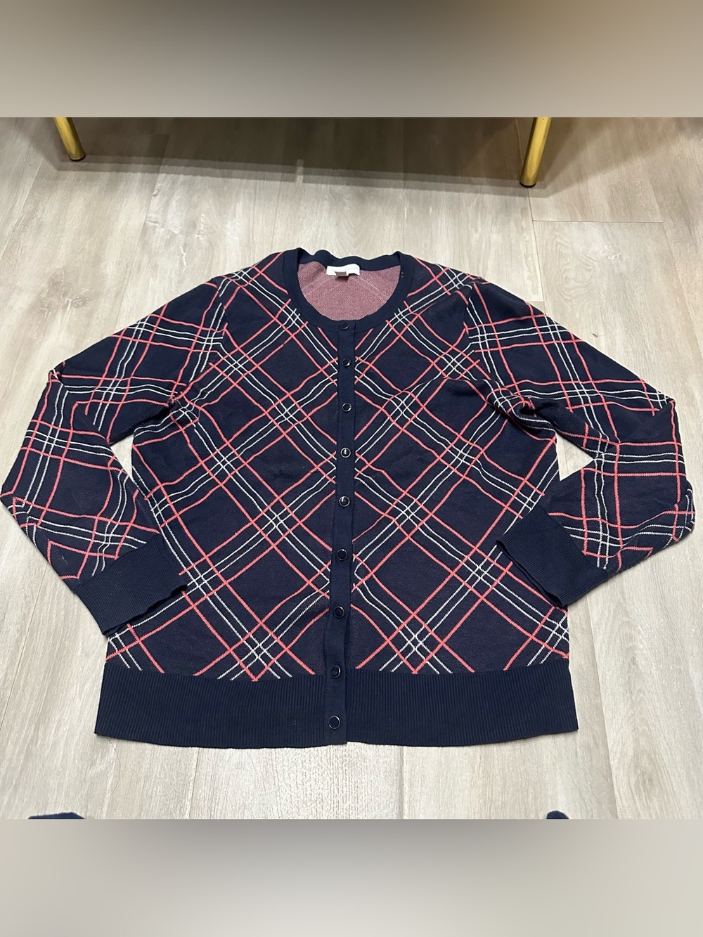 Charter Club Navy Blue Pink Plaid Print Button Down Cardigan Sz L